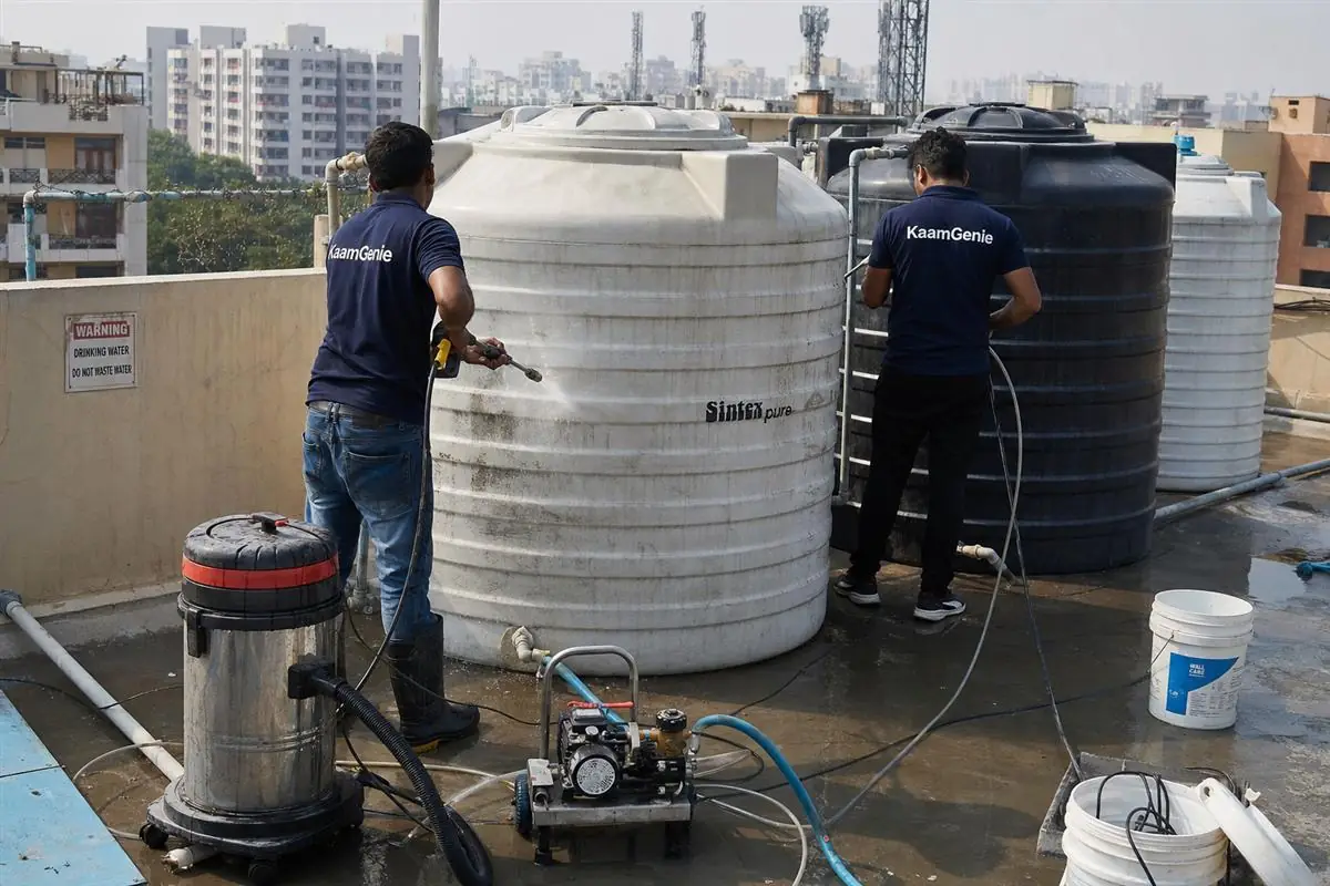 KaamGenie crew cleaning a water tank in Sector 86, Faridabad