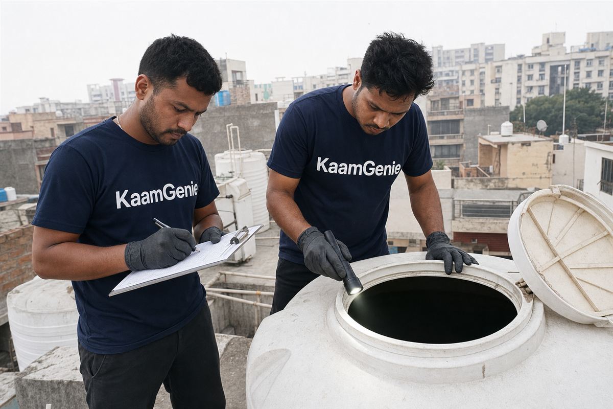 KaamGenie crew cleaning a water tank in Sector 88, Faridabad