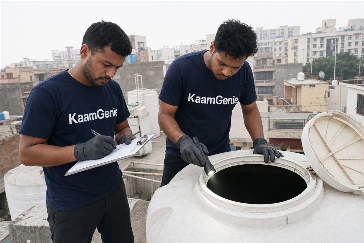 KaamGenie crew cleaning a water tank in Sector 88, Faridabad