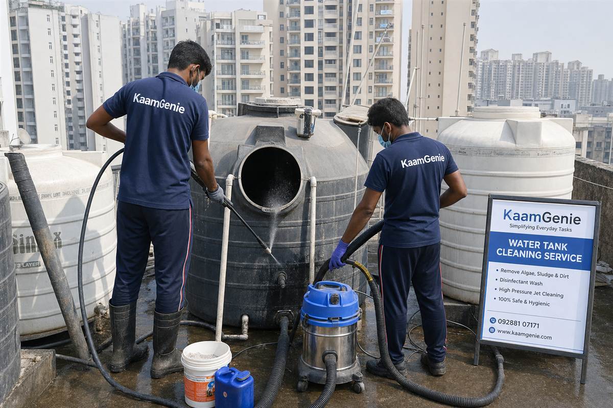 KaamGenie crew cleaning a water tank in Sector 89, Faridabad