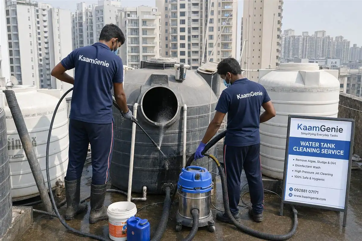 KaamGenie crew cleaning a water tank in Sector 89, Faridabad