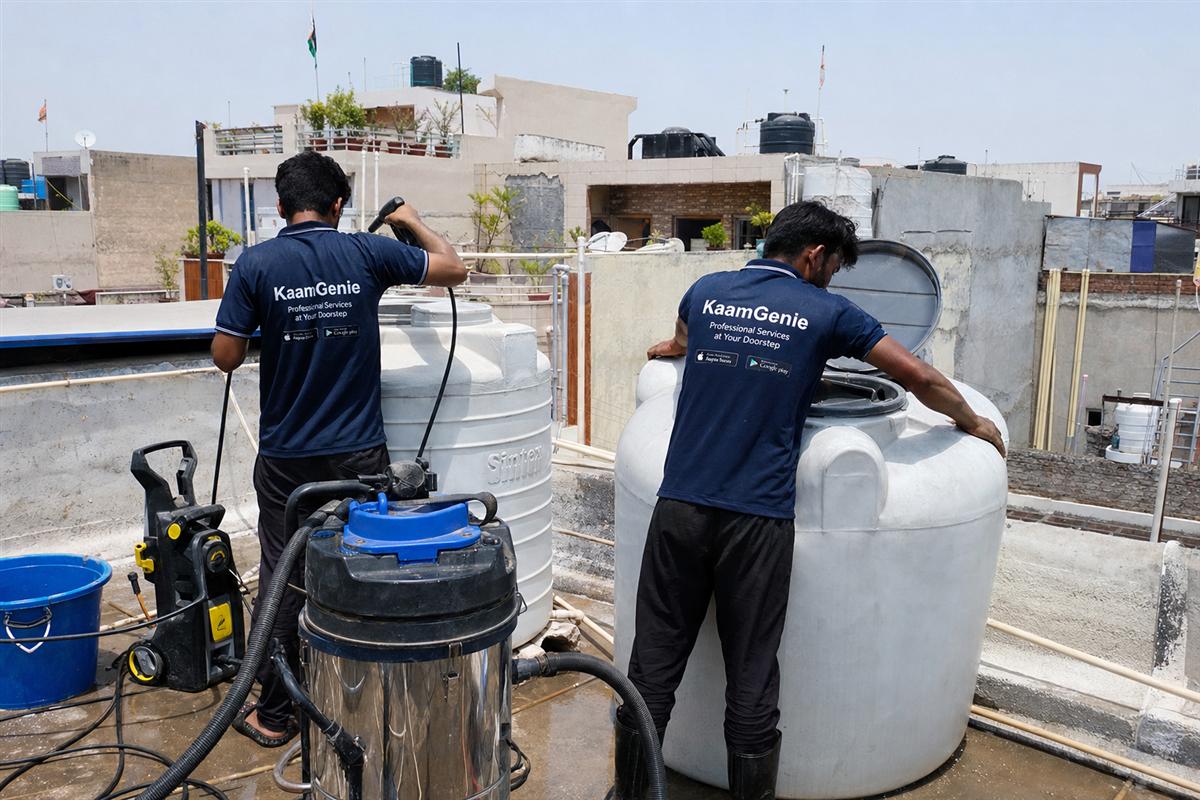 KaamGenie crew cleaning a water tank in SGM Nagar, Faridabad