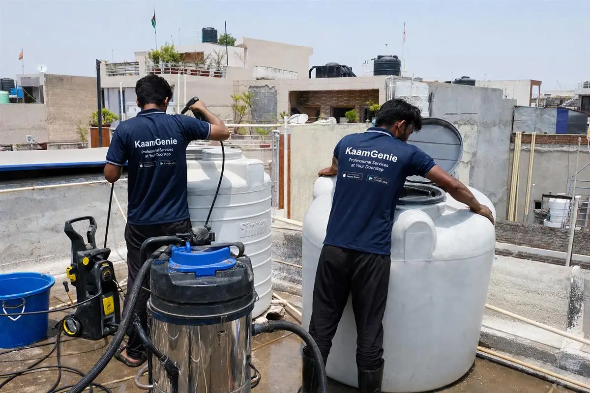 KaamGenie crew cleaning a water tank in SGM Nagar, Faridabad