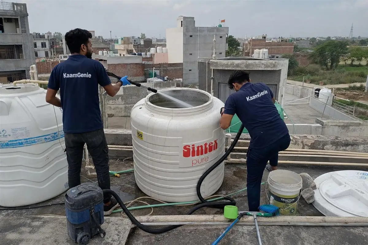 KaamGenie crew cleaning a water tank in Shiv Durga Vihar, Faridabad