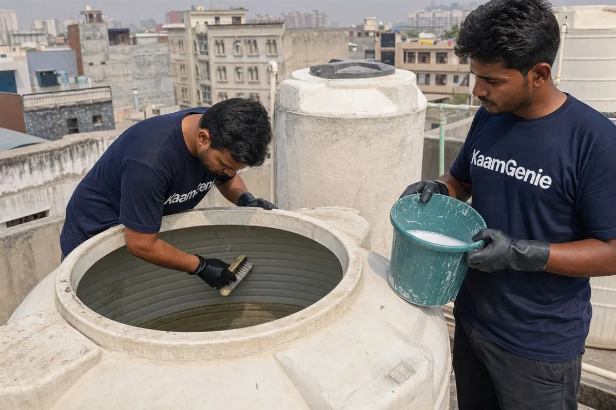 KaamGenie crew cleaning a water tank in Surajkund, Faridabad