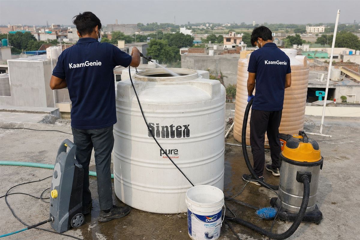 KaamGenie crew cleaning a water tank in Tigaon, Faridabad