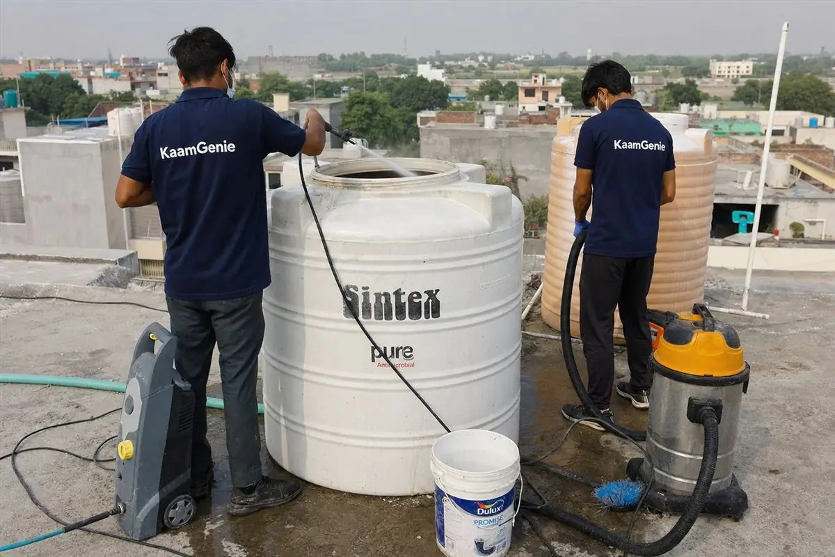 KaamGenie crew cleaning a water tank in Tigaon, Faridabad