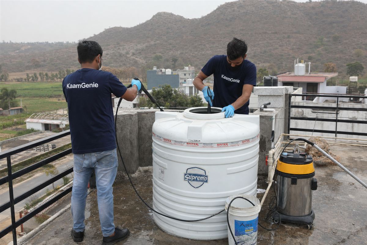 KaamGenie crew cleaning a water tank in Tilpat, Faridabad