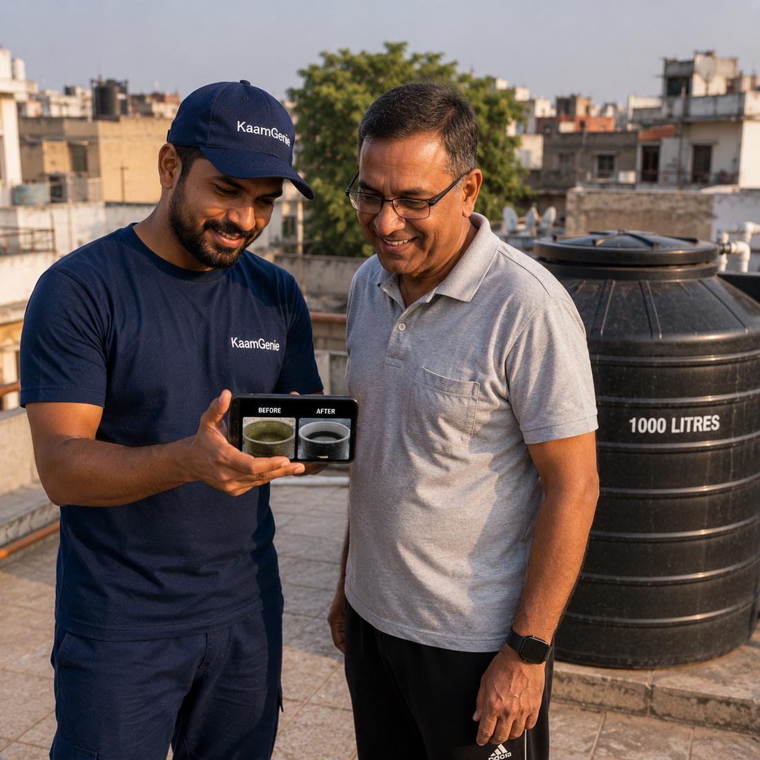 KaamGenie crew cleaning a water tank in Fateh Nagar, West Delhi