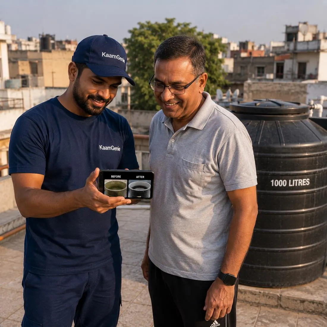KaamGenie crew cleaning a water tank in Fateh Nagar, West Delhi