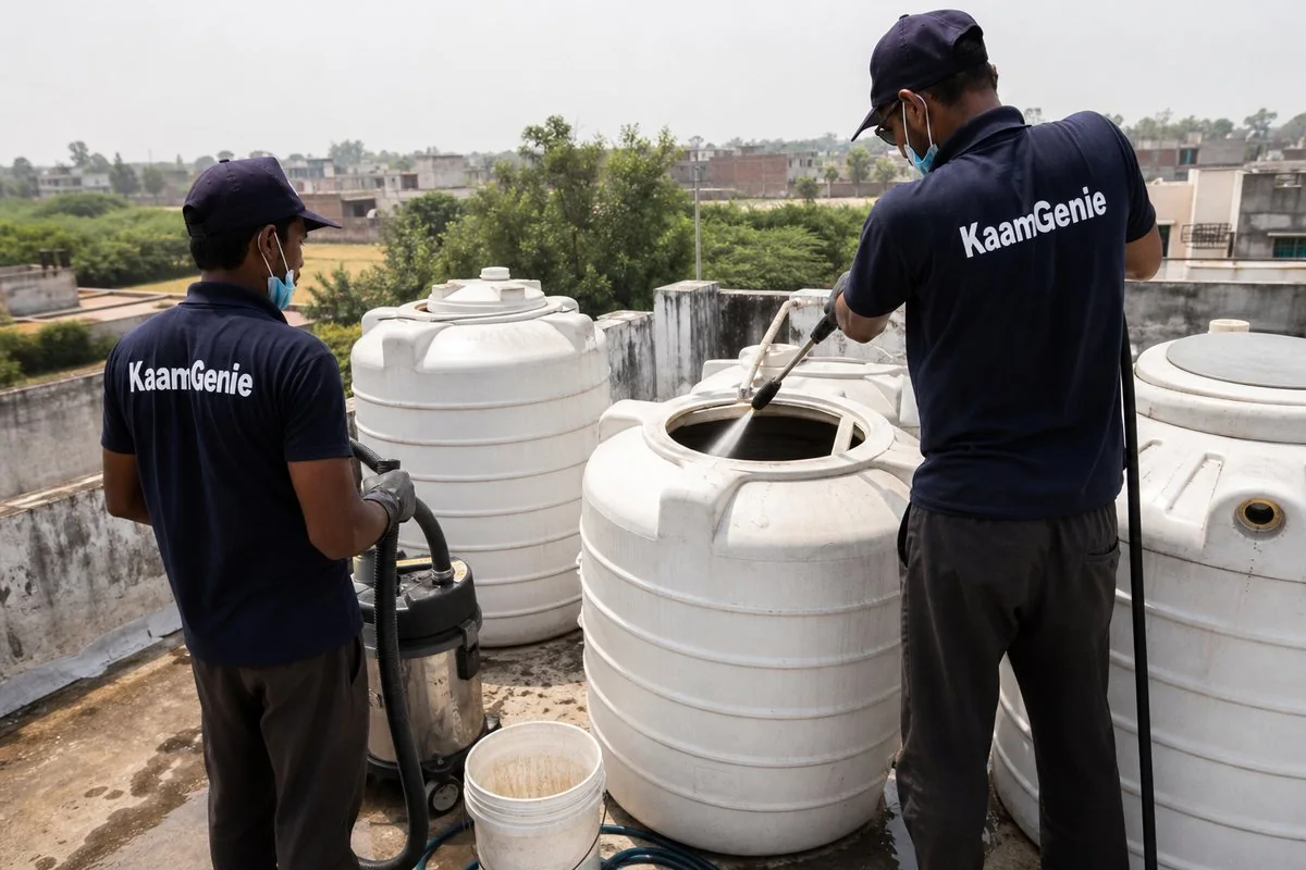 KaamGenie crew cleaning a water tank in Fatehpur Beri, Delhi