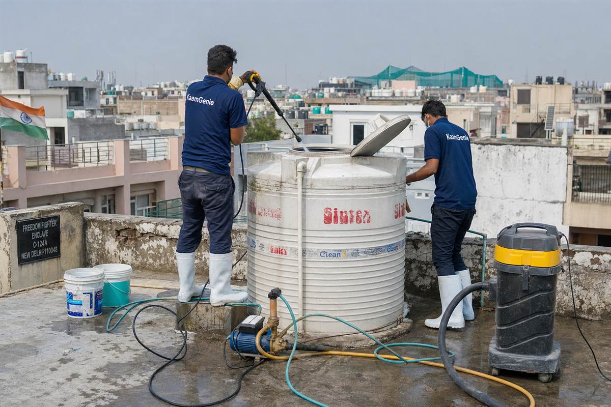 KaamGenie crew cleaning a water tank in Freedom Fighter Enclave, Delhi