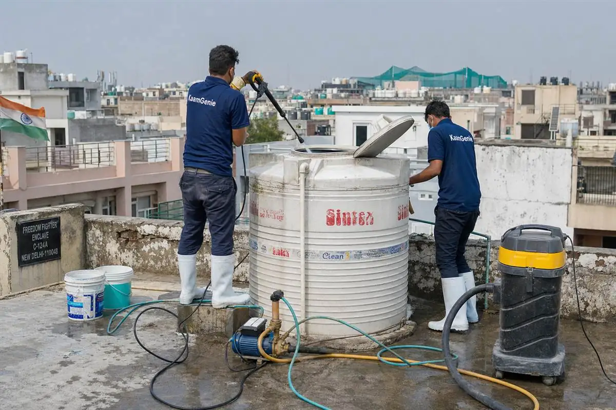 KaamGenie crew cleaning a water tank in Freedom Fighter Enclave, Delhi