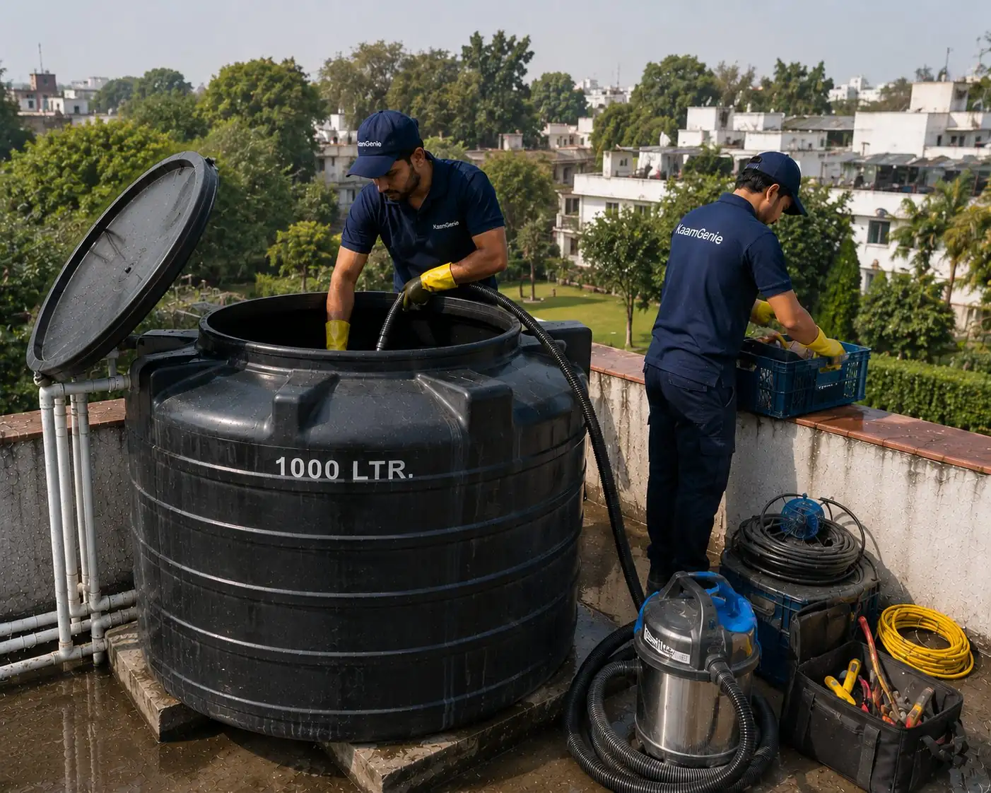 KaamGenie crew cleaning a water tank in Friends Colony, South Delhi