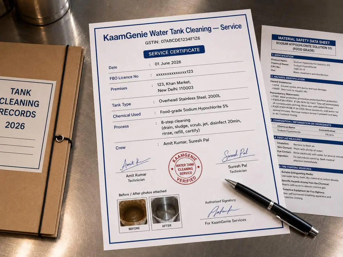 Close-up of a properly filled-out FSSAI-compliant water tank cleaning record on a desk showing all 9 required fields highlighted, restaurant FBO licence number, chemical name with concentration, crew signatures, and before/after photo references