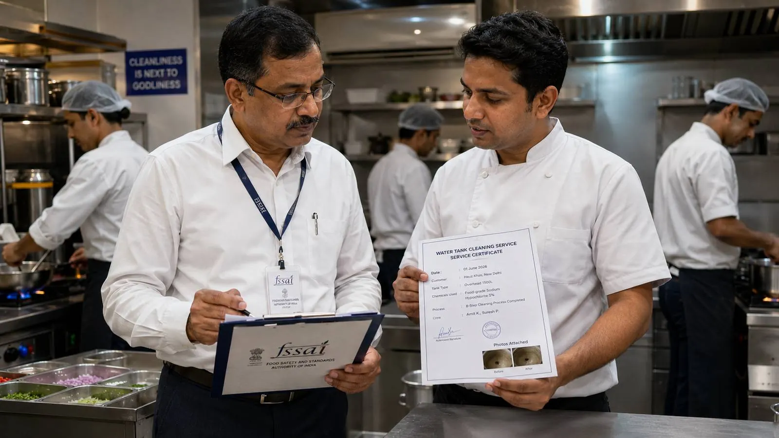 A Delhi restaurant kitchen interior with an FSSAI inspector reviewing water tank cleaning records on a clipboard, kitchen staff in background