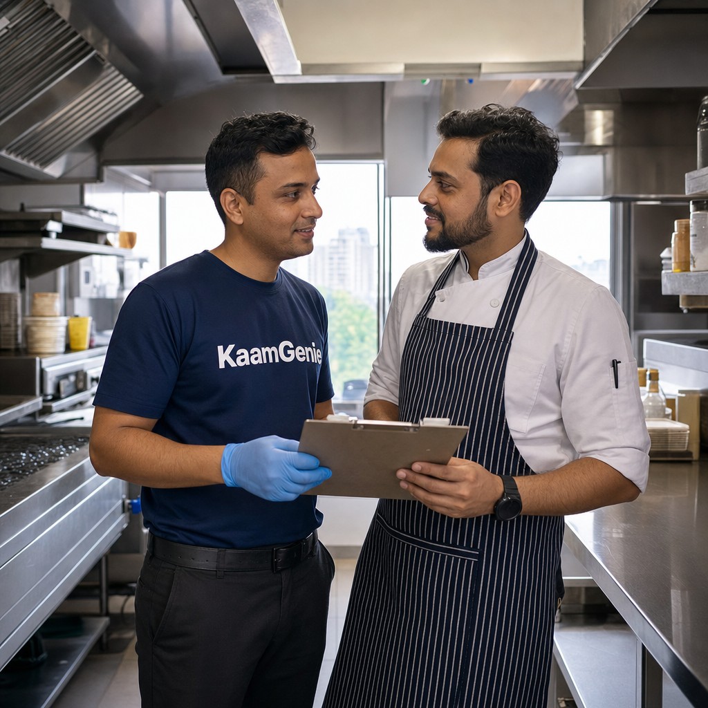 KaamGenie technician reviewing pest control treatment plan with a Delhi restaurant manager in a commercial kitchen