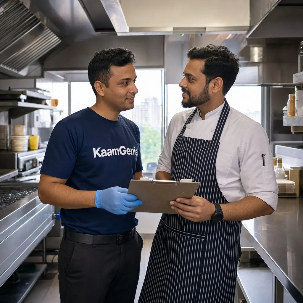 KaamGenie technician reviewing pest control treatment plan with a Delhi restaurant manager in a commercial kitchen