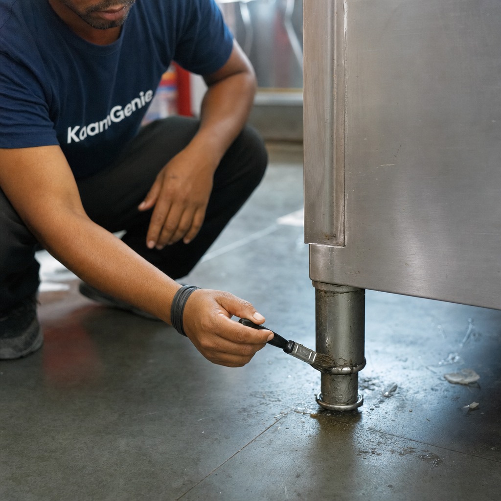 KaamGenie technician installing a sealed tamper-proof rodent bait station outside a Delhi restaurant garbage zone