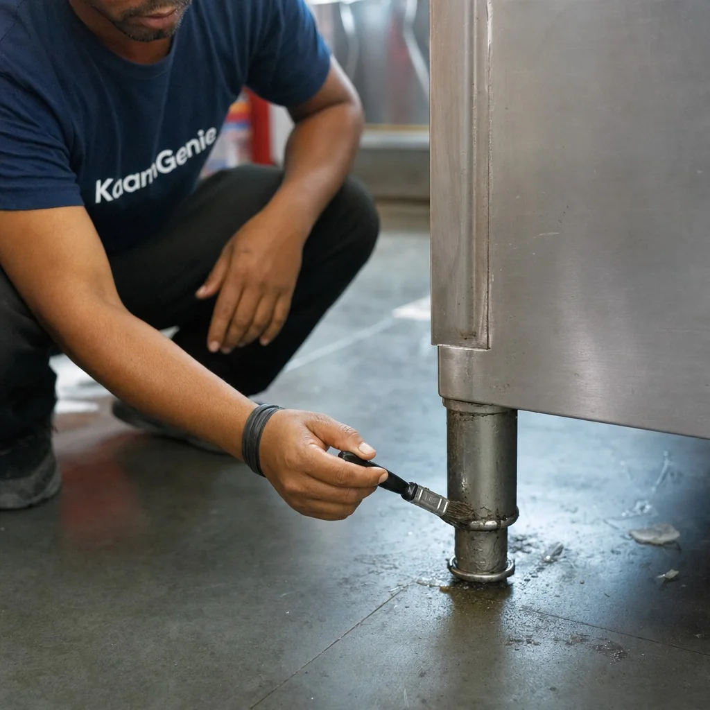 KaamGenie technician installing a sealed tamper-proof rodent bait station outside a Delhi restaurant garbage zone