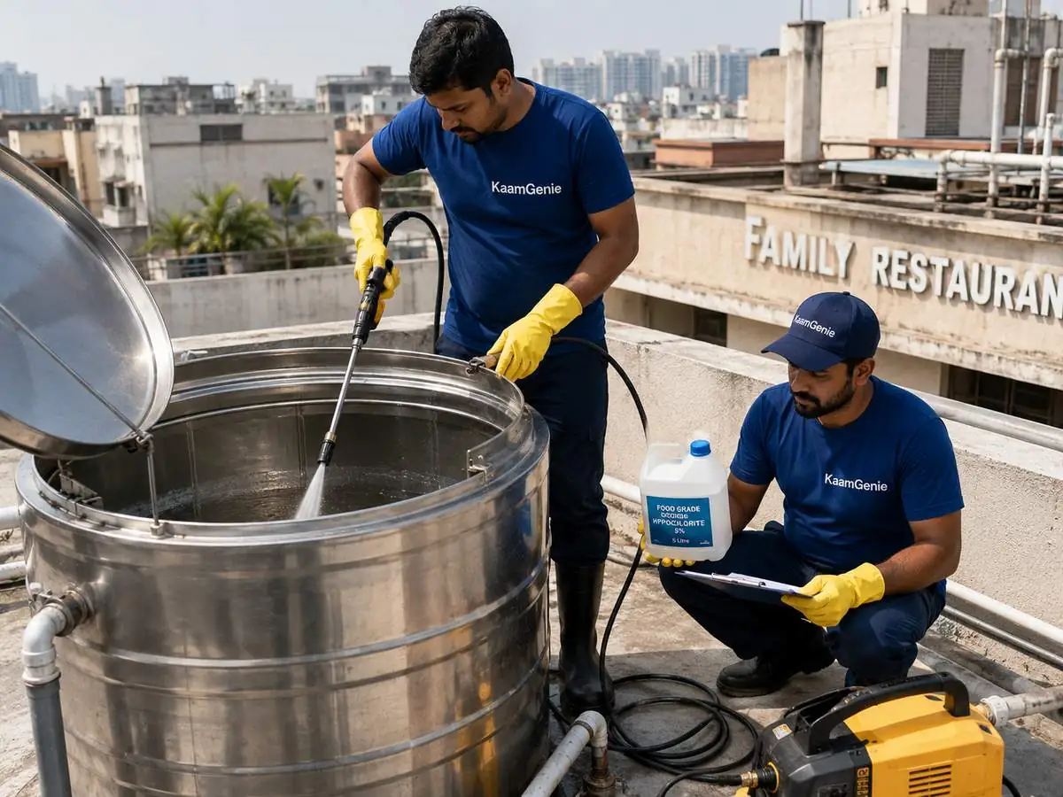 A KaamGenie crew member cleaning a stainless steel water tank on the rooftop of a Delhi restaurant building, with restaurant signage visible in the background