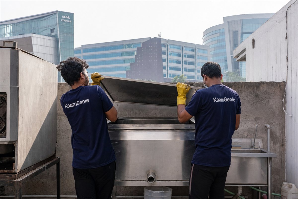 KaamGenie crew cleaning a stainless commercial kitchen water tank behind a Gurgaon restaurant with Cyber Hub style buildings in the background