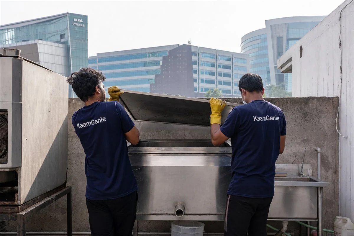 KaamGenie crew cleaning a stainless commercial kitchen water tank behind a Gurgaon restaurant with Cyber Hub style buildings in the background