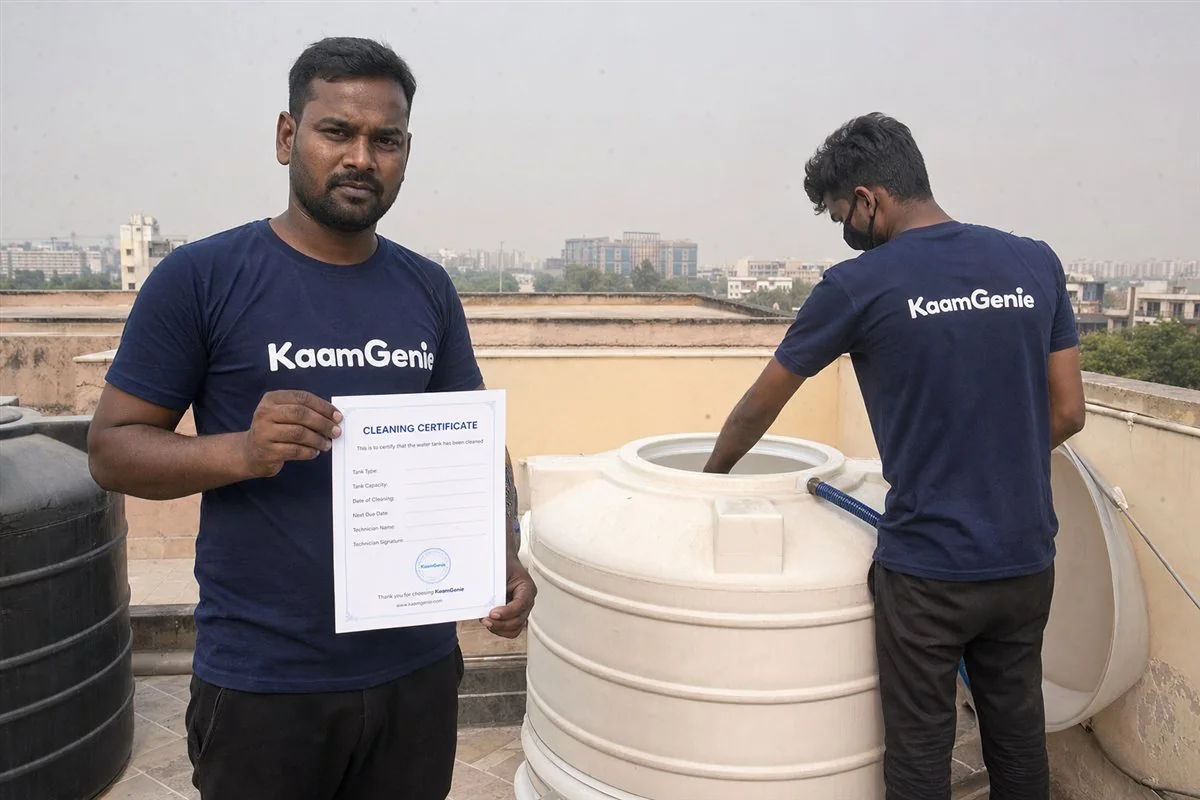 KaamGenie crew member in a navy shirt holding a printed water tank cleaning certificate beside a freshly cleaned commercial tank in Gurgaon