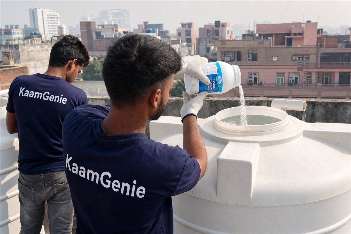 Gloved hand pouring measured food-grade chlorine into a clean commercial water tank in a Gurgaon kitchen