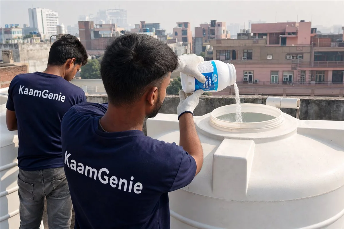 Gloved hand pouring measured food-grade chlorine into a clean commercial water tank in a Gurgaon kitchen