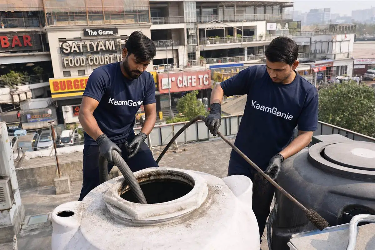 KaamGenie crew cleaning a restaurant rooftop water tank in a busy Noida commercial market area