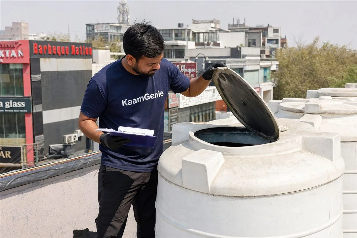 KaamGenie technician inspecting a rooftop water tank above a row of restaurants in Noida Sector 18 market