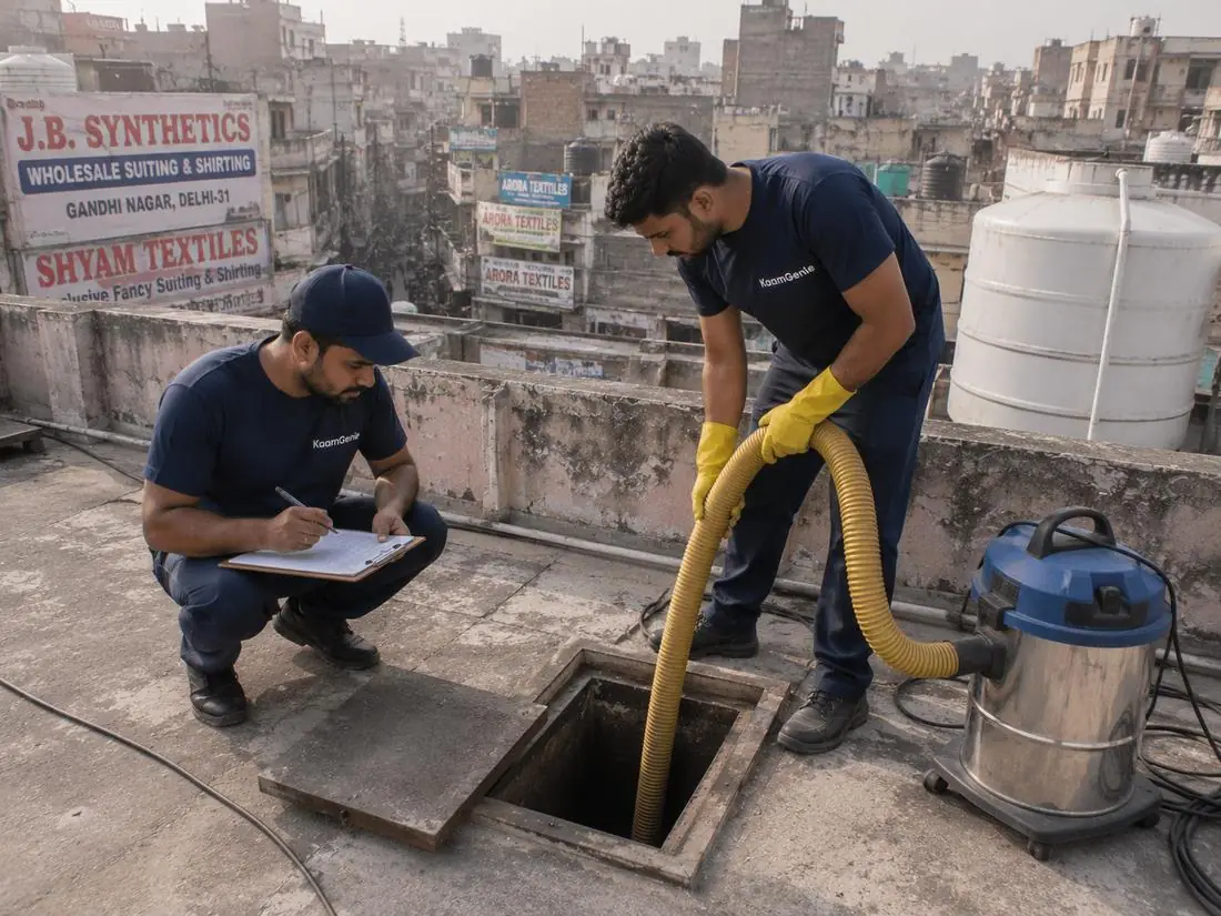KaamGenie crew cleaning a water tank in Gandhi Nagar Bazar, East Delhi