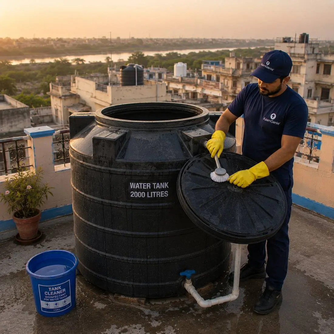 KaamGenie crew cleaning a water tank in Garhi Mandu, East Delhi