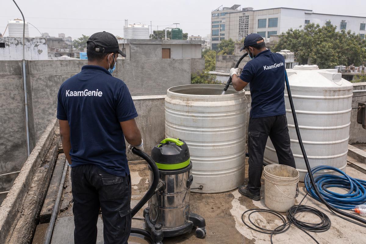 KaamGenie crew cleaning a water tank in Garhi, Delhi