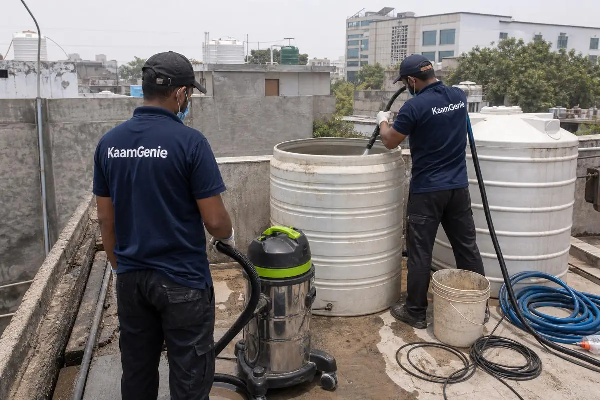 KaamGenie crew cleaning a water tank in Garhi, Delhi
