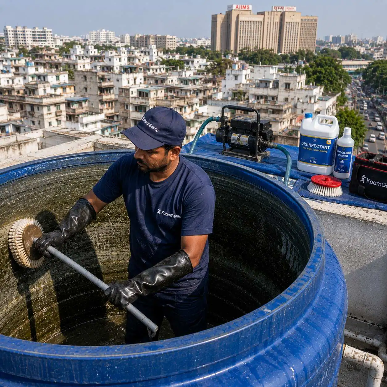 KaamGenie crew cleaning an overhead water tank on a Gautam Nagar rooftop in South Delhi
