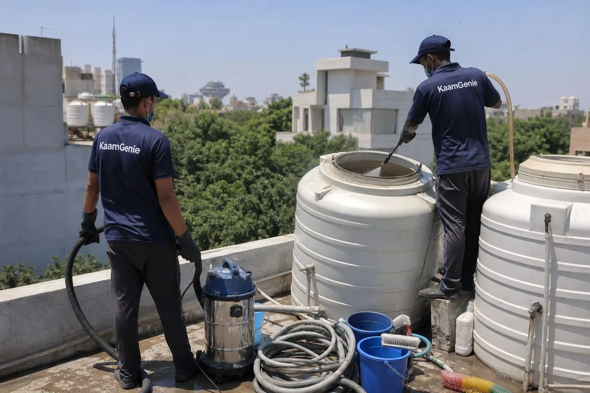 KaamGenie crew cleaning a water tank in Geetanjali Enclave, Delhi