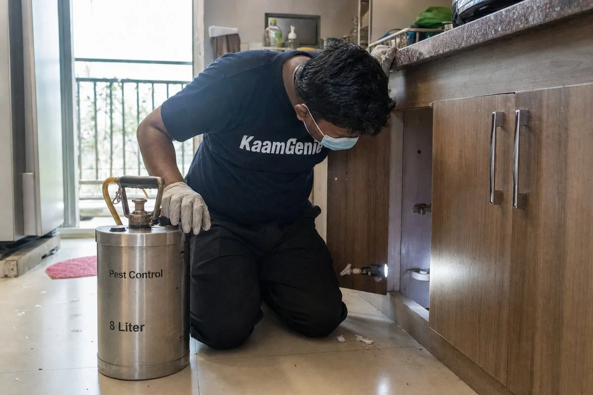 KaamGenie pest control technician inspecting beneath kitchen cabinets with flashlight
