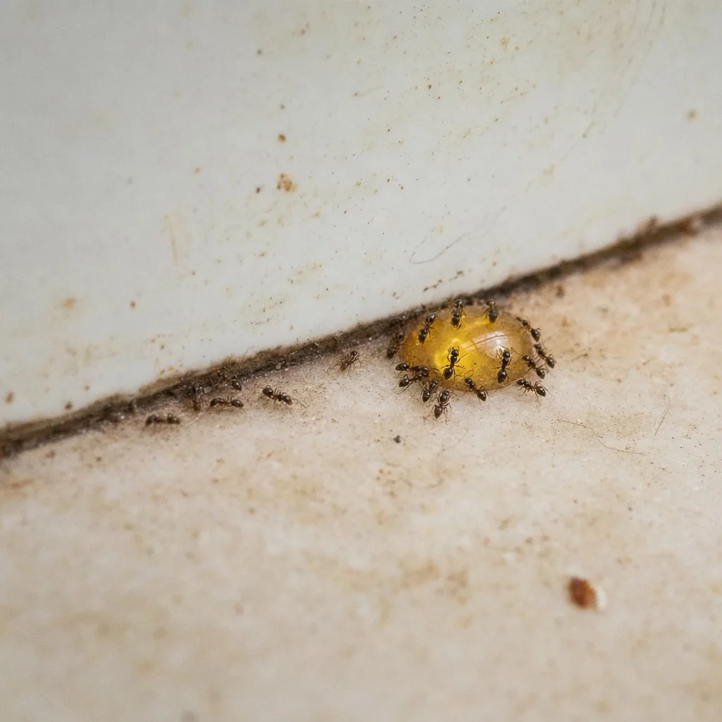 A small dot of ant bait gel placed beside an active ant trail at the base of a Delhi kitchen wall, with worker ants gathering around it