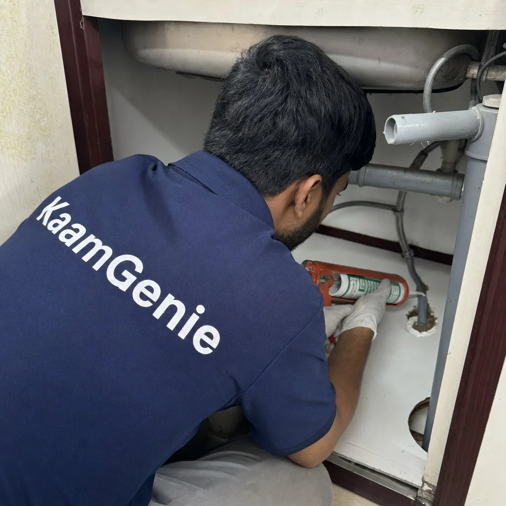 A KaamGenie pest technician sealing a gap around a water pipe under a Delhi kitchen sink to block an ant entry point