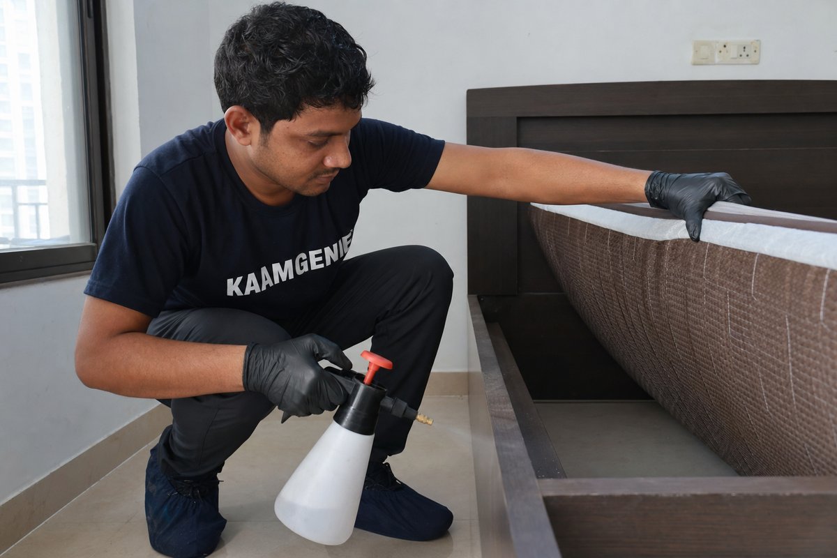 KaamGenie technician inspecting a mattress seam and headboard for bed bugs in a Delhi bedroom before treatment