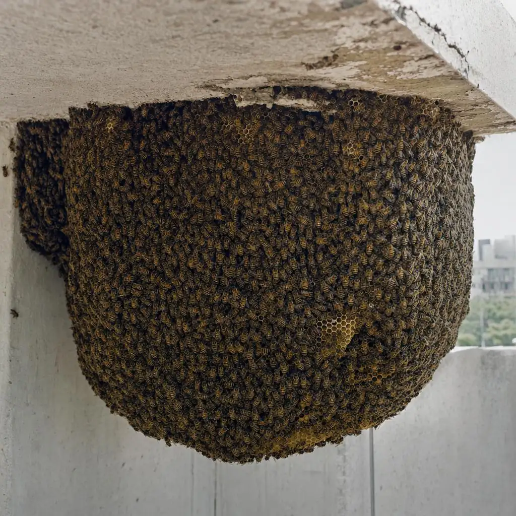A swarm of honey bees clustered on a large open comb hanging under a Delhi balcony slab