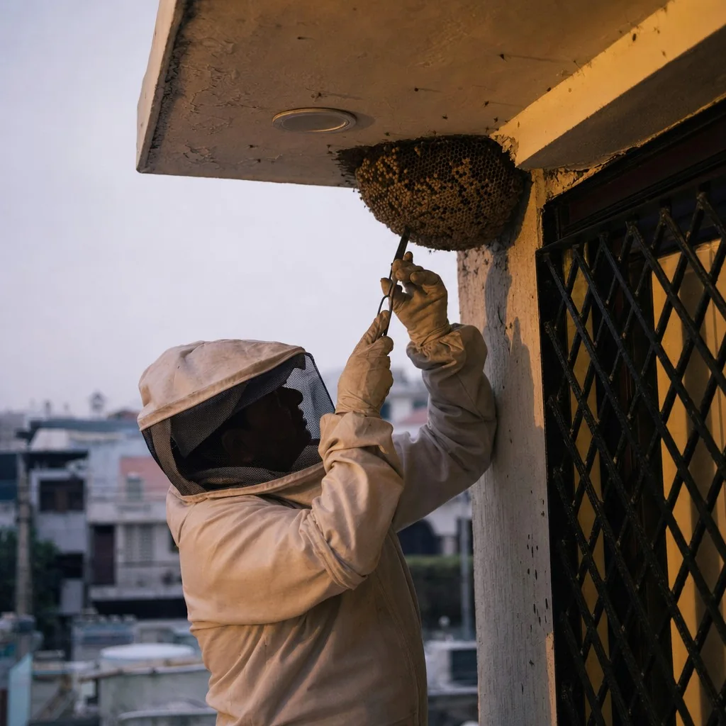 A removal technician in a full sting-proof suit and veil working on a wasp nest at dusk in Delhi