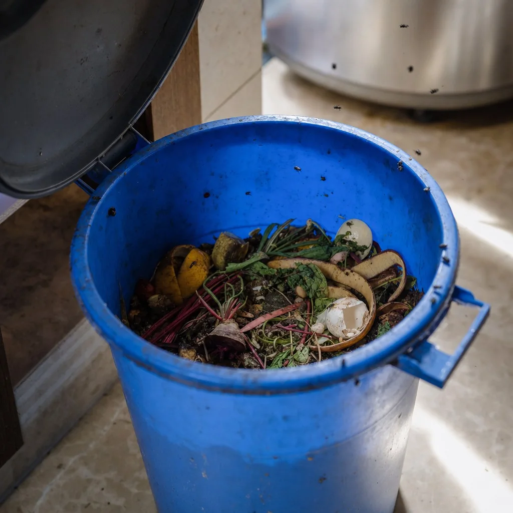 An open kitchen waste bin with food scraps where houseflies breed in a Delhi home
