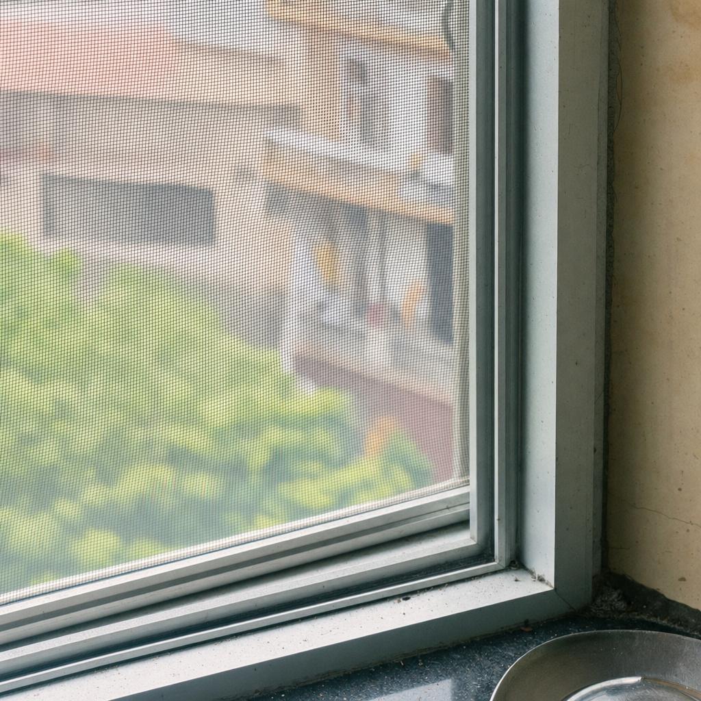 Fine mesh fly screen fitted on a Delhi kitchen window to keep houseflies out