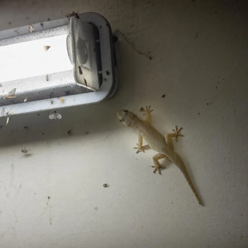 A house lizard near a bright white tube light on a Delhi flat wall where moths and insects have gathered at night