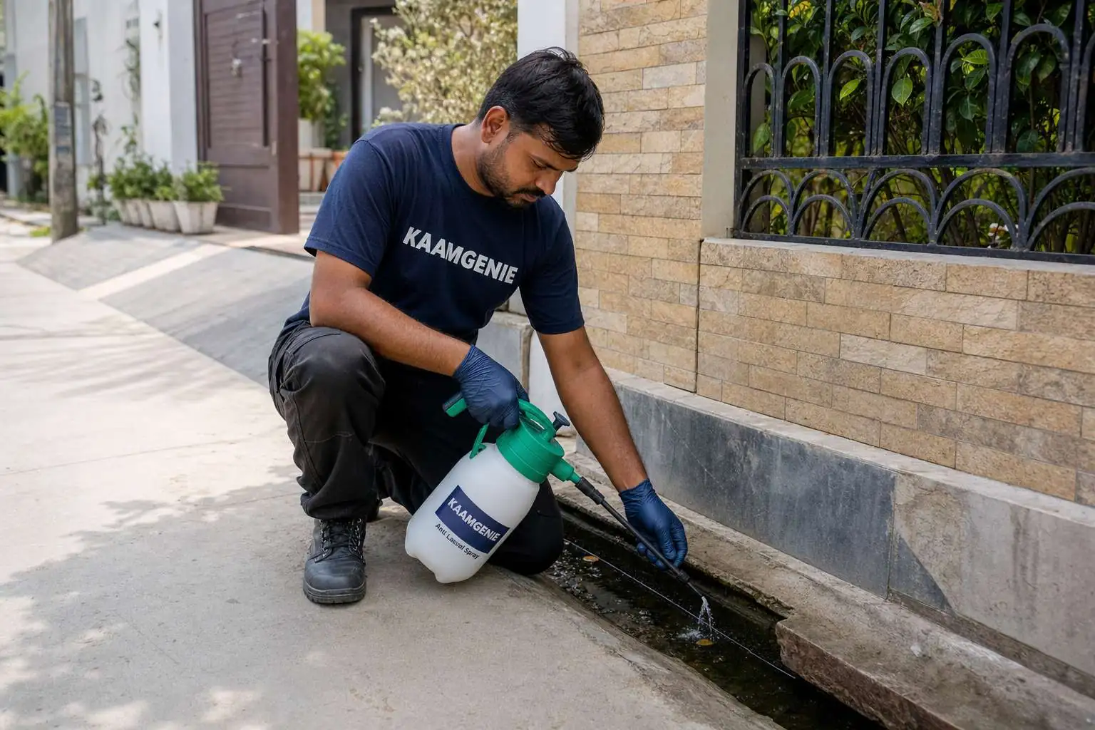 KaamGenie technician applying anti-larval treatment to stagnant water in a Delhi home outdoor drain before the monsoon