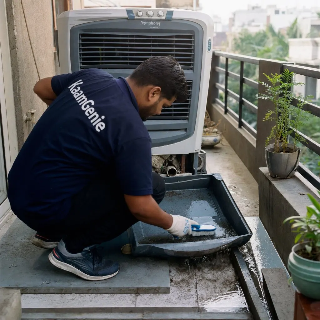 A KaamGenie technician checking and emptying a desert cooler water tank in a Delhi home, the most common mosquito breeding spot