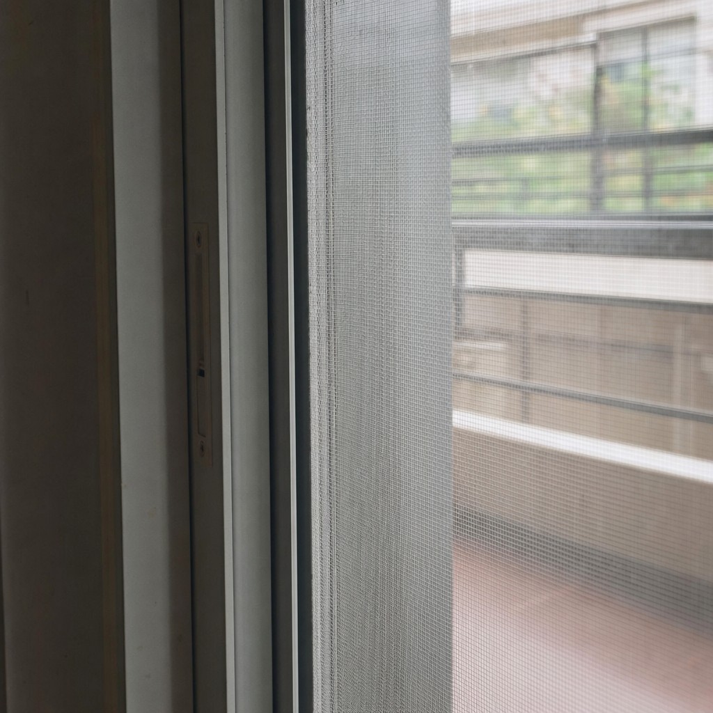 Fine mesh screen fitted on a Delhi balcony door to keep daytime dengue mosquitoes out of the home